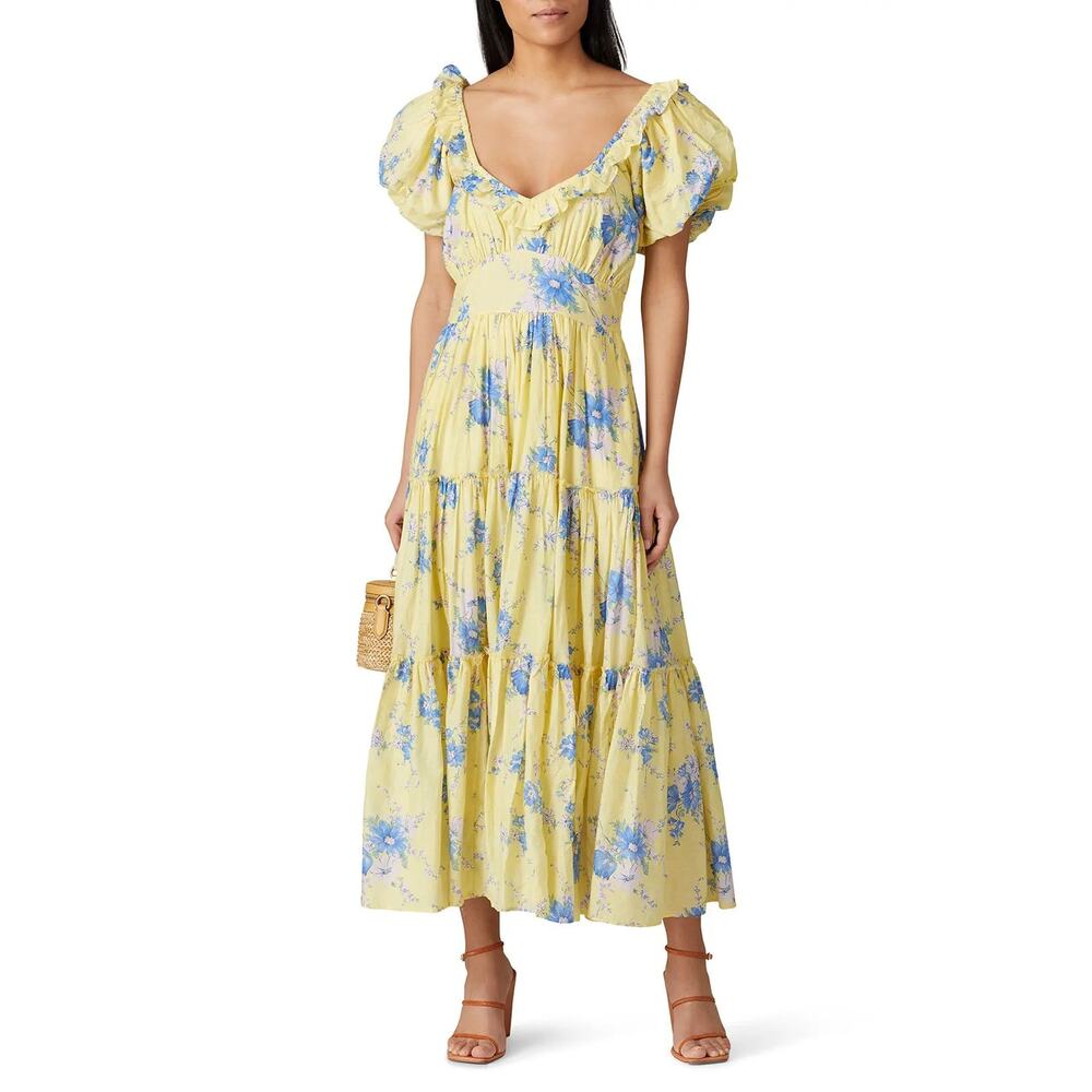 LoveShackFancy Emory Floral Dress 0 Yellow Blue Cotton Silk Ruffle Tiered Midi